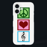 Coque Pour iPhone 16 Peace Love Music<br><div class="desc">Un cadeau mignon pour un musicien avec un signe de paix,  un coeur,  et un symbole musical pour une clé trible.</div>