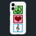 Coque Pour iPhone 16 Peace Love Music<br><div class="desc">Un cadeau mignon pour un musicien avec un signe de paix,  un coeur,  et un symbole musical pour une clé trible.</div>