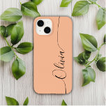 Coque Case-Mate iPhone Peach Fuzz Black Elegant Calligraphie Nom du scrip<br><div class="desc">Peach Fuzz Elegant Black Calligraphy Script Personnalisé Nom iPhone 14 Smart Phone Boîtes dispose d'un design moderne et tendance simple et élégant avec votre nom personnalisé dans élégante calligraphie manuscrite typographie de script sur un arrière - plan de pêche fuzz. Conçu par ©Evco Studio www.zazzle.com/store/evcostudio</div>
