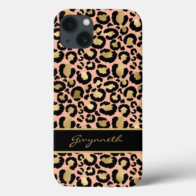Coques Case-Mate iPhone Peach Gold Black Empreinte de léopard avec votre n (Verso)