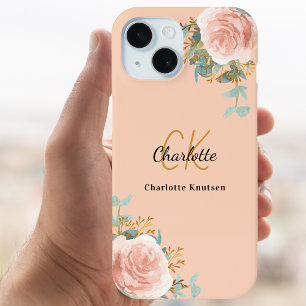 Coque iPhone 16 Pro Peach rose or floraux monogramme élégant