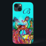 Case-Mate iPhone Case PEACOCKS EN AMOUR MONOGRAM Turquoise Bleu<br><div class="desc">Elégante peinture à l'aquarelle fantaisie avec feuille d'or et d'argent.</div>