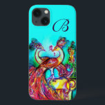 Case-Mate iPhone Case PEACOCKS EN AMOUR MONOGRAM Turquoise Bleu<br><div class="desc">Elégante peinture à l'aquarelle fantaisie avec feuille d'or et d'argent.</div>