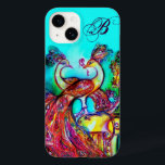 Coque Case-Mate iPhone PEACOCKS EN AMOUR MONOGRAM Turquoise Bleu<br><div class="desc">Elégante peinture à l'aquarelle fantaisie avec feuille d'or et d'argent.</div>