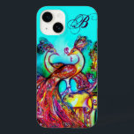 Coque Case-Mate iPhone PEACOCKS EN AMOUR MONOGRAM Turquoise Bleu<br><div class="desc">Elégante peinture à l'aquarelle fantaisie avec feuille d'or et d'argent.</div>