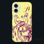 Coques iPhone 16 PEACOCKS EN AMOUR MONOGRAM violet jaune<br><div class="desc">Dessin élégant et fantaisiste en rouge et blanc.</div>