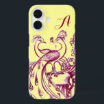 Coques iPhone 16 PEACOCKS EN AMOUR MONOGRAM violet jaune<br><div class="desc">Dessin élégant et fantaisiste en rouge et blanc.</div>