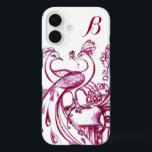 Coque Pour iPhone 16 PEACOCKS IN LOVE MONOGRAM Rouge et blanc<br><div class="desc">Dessin élégant et fantaisiste en rouge et blanc.</div>