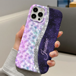 Coque Case-Mate iPhone Peau de sirène violet argent faux strass monogramm