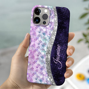 Coque Case-Mate iPhone Peau de sirène violet argent faux strass monogramm