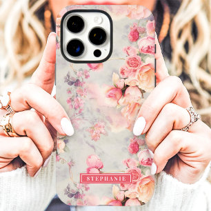 Coque iPhone 16 Pro Max Pêche romantique et nom rose Floral