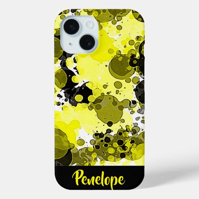 Coques Case-Mate iPhone Peinture Abstraite jaune et noire avec nom (Verso)