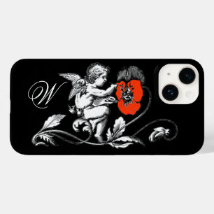 Coque Pour iPhone 14 PEINTURE D'ANGE UNE FLEURS ROUGE, MONOGRAM, Noir