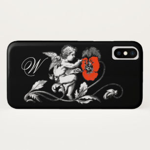 Coque iPhone X PEINTURE D'ANGE UNE FLEURS ROUGE, MONOGRAM, Noir