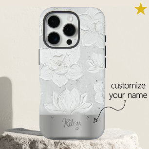 Coque iPhone 16 Pro Peinture de Magnolia Blanc Métal Argent Nom Person