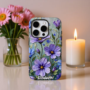 Coque iPhone 16 Pro Peinture florale bleu doux et violet