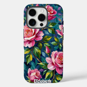 Coque iPhone 16 Pro Peinture florale texturée aux roses roses roses