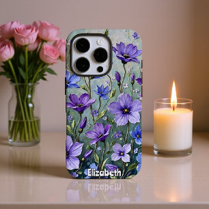 Coque iPhone 16 Pro Peinture florale texturée en blues