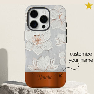 Coque iPhone 16 Pro Peinture Magnolia Blanc Métal Cuivre Nom Personnal