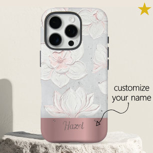 Coque iPhone 16 Pro Peinture Magnolia Blanc Nom Personnalisé Or Rose
