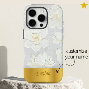 Coque iPhone 16 Pro Peinture Magnolia Blanc Or Jaune Nom Personnalisé