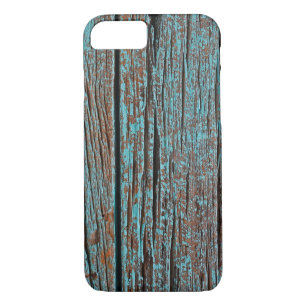 Coque iPhone 8/7 peinture turquoise défraîchie sur bois rustique