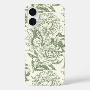 Coque Pour iPhone 16 Peoné et papillons bloc impression, sauge vert et
