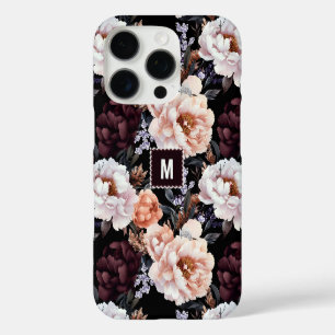 Coque iPhone 16 Pro Peonies sombres Motif floral Monogramme