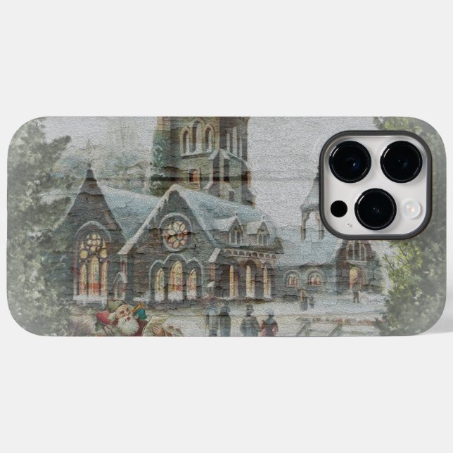 Coques Case-Mate iPhone Père Noël ancienne avec enfants devant une église (Verso (horizontal))