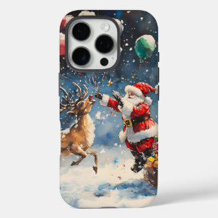 Coque iPhone 16 Pro Père Noël aquarelle festive Renne Ballon coloré