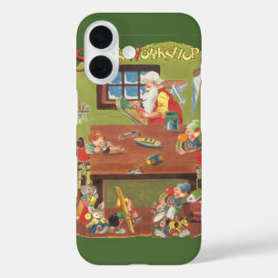 Coque Pour iPhone 16 Père Noël vintage avec des lutins dans l'atelier d