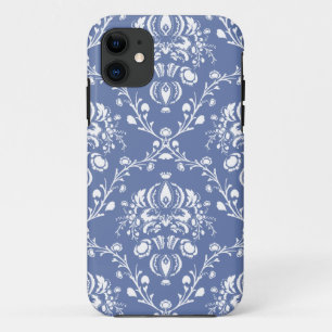 Coques Pour iPhone Périwinkle bleu et blanc Damas
