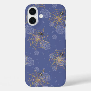 COQUE POUR iPhone 16 PLUS PERIWINKLE & GOLD HALLOWEEN SPIDERS & WEB