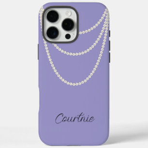 Coque iPhone 16 Pro Max Perles blanches violettes glamées