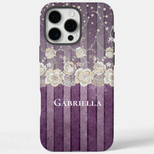 Coque iPhone 16 Pro Max Perles de rayures violettes dentelle ivoire