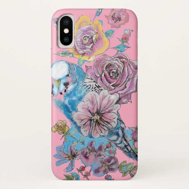 Coques Case-Mate iPhone Perroquet bleu aquarelle floral Filles Rose (Dos)