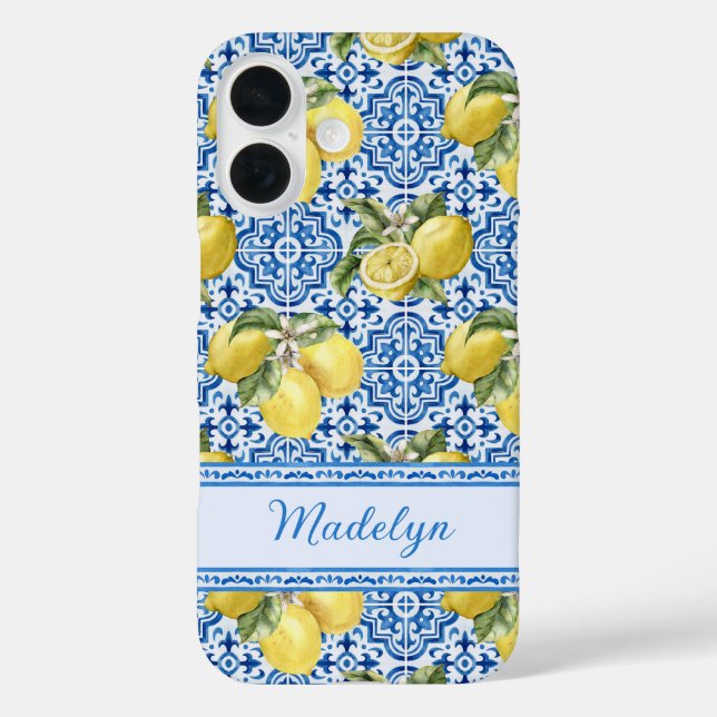 Coques Case-Mate iPhone Personalized Name Blue Tile Mediterranean Lemon (Verso)