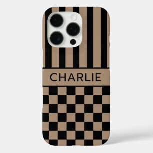 Coque iPhone 16 Pro Personnalisé à carreaux et rayures noir et marron