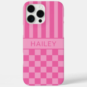 Coque iPhone 16 Pro Max Personnalisé à rayures à carreaux roses