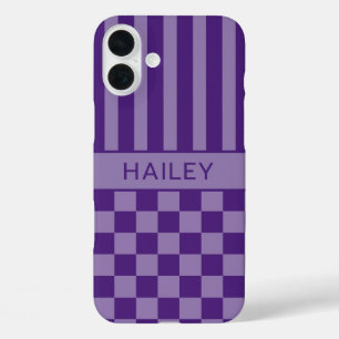 Coque Pour iPhone 16 Plus Personnalisé à rayures à carreaux violets