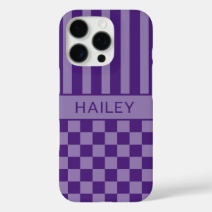 Coque iPhone 16 Pro Personnalisé à rayures à carreaux violets