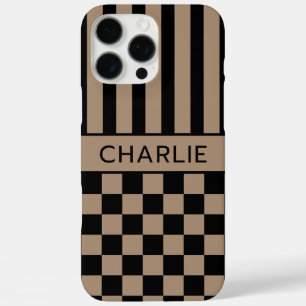 Coque iPhone 16 Pro Max Personnalisé à rayures et damier noir et brun