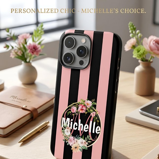 Coques Case-Mate iPhone Personnalisé Balck Rayure Fleurie Nom personnalisé (Créateur téléchargé)