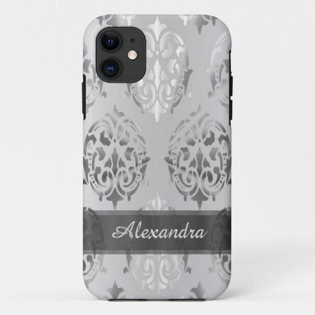 Coques Case-Mate iPhone Personnalisé chic élégant argent gris damask (Dos)