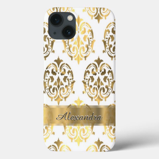 Coques Case-Mate iPhone Personnalisé chic élégant or et blanc damask (Verso)