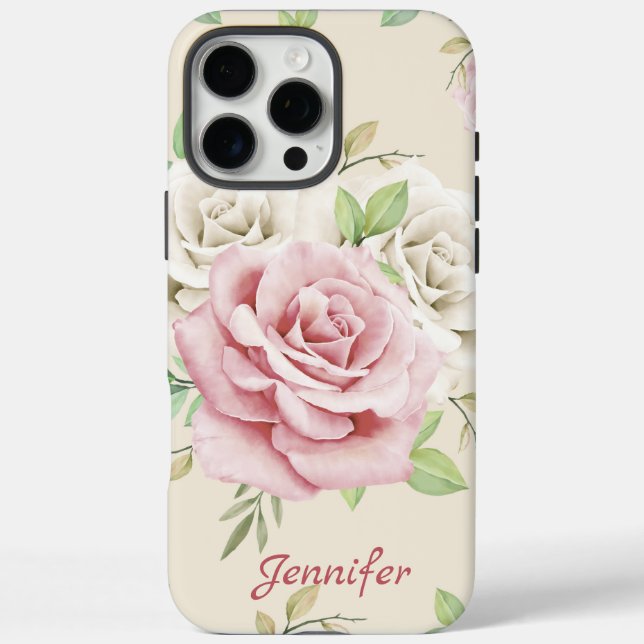 Coques Case-Mate iPhone Personnalisé Chic Roses Roses Rose Vert Feuilles F (Verso)