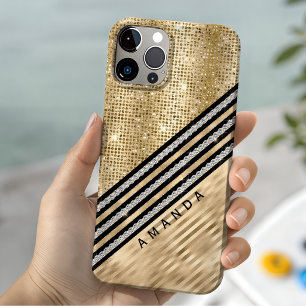 Coque Case-Mate iPhone Personnalisé faux cristal et paillettes dorées élé