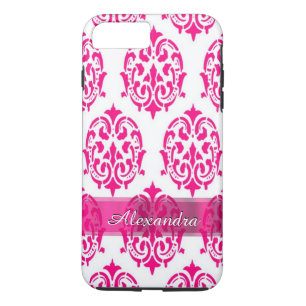Coque iPhone 8 Plus/7 Plus Personnalisé joli chaud rose et blanc damassé