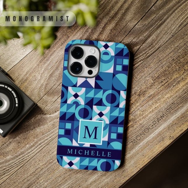 Coques Case-Mate iPhone Personnalisé Lumineux Bleu foncé Bleu Blanc Géomét (Custom Bright Light Dark Blue White Geometric Case-Mate iPhone Case)