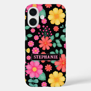 Coque Pour iPhone 16 Personnalisé Monogramme Fleur sauvage Floral Black